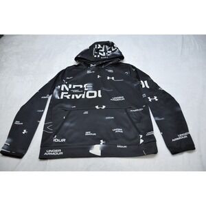 Under Armour Hoodie Youth Large Black All Over Logo Pullover Sweatshirt Coldgear